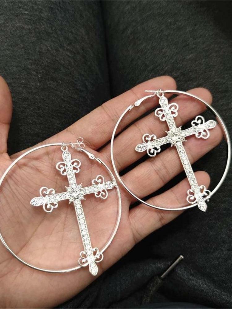 Sparkle Cross Hoop Earrings - Y2K Aesthetic Jewelry for Grunge, Coquette, and Emo Styles