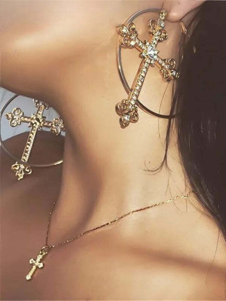 Sparkle Cross Hoop Earrings - Y2K Aesthetic Jewelry for Grunge, Coquette, and Emo Styles