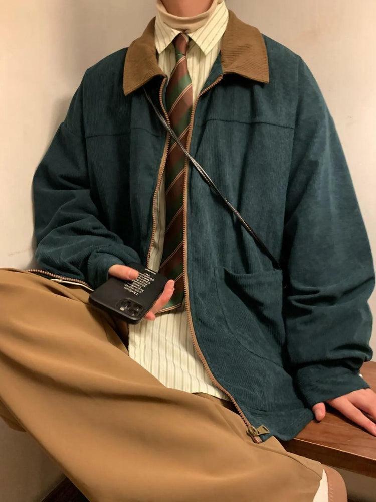 Vintage Y2K Corduroy Color Block Jacket - Retro Grunge Aesthetic Outerwear for Trendy Looks