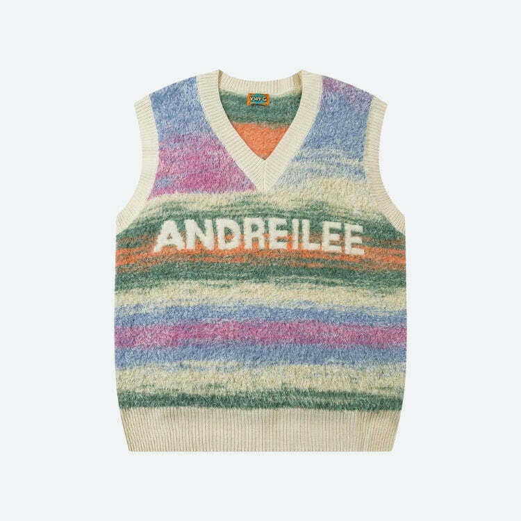 Vintage Y2K Multicolored Yarn Plush Sweater Vest - Cozy Grunge Aesthetic Top for Fall
