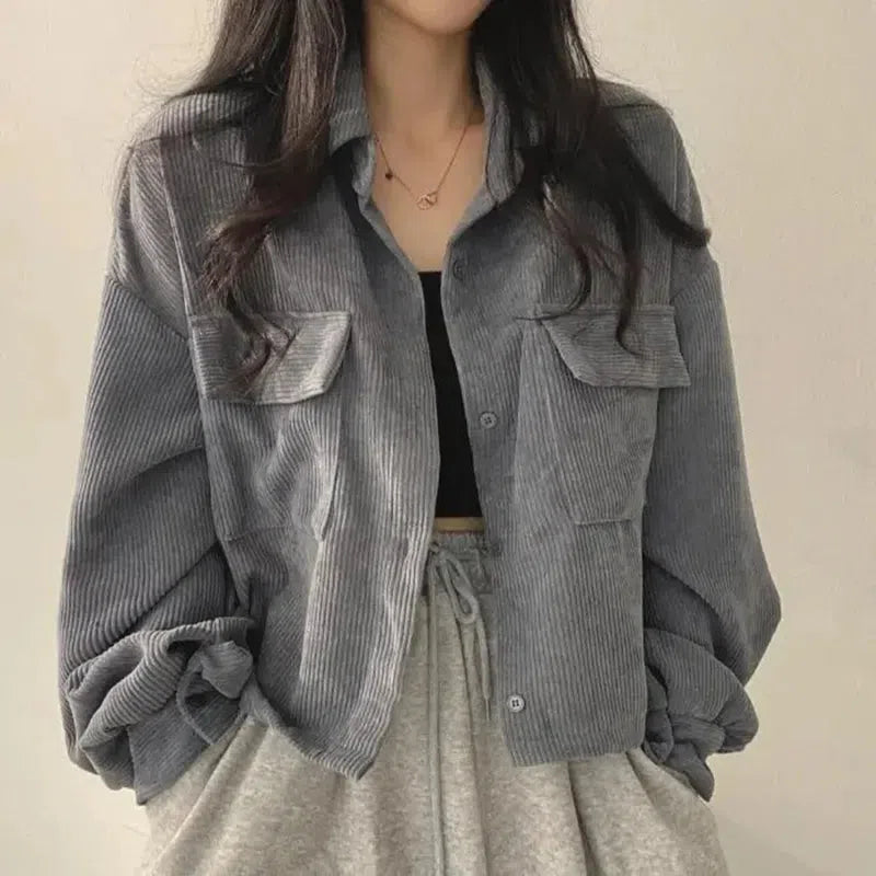 Y2K Aesthetic Cropped Corduroy Jacket - Vintage Grunge Style for Cute Outfits