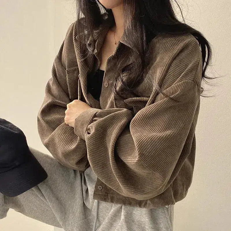 Y2K Aesthetic Cropped Corduroy Jacket - Vintage Grunge Style for Cute Outfits