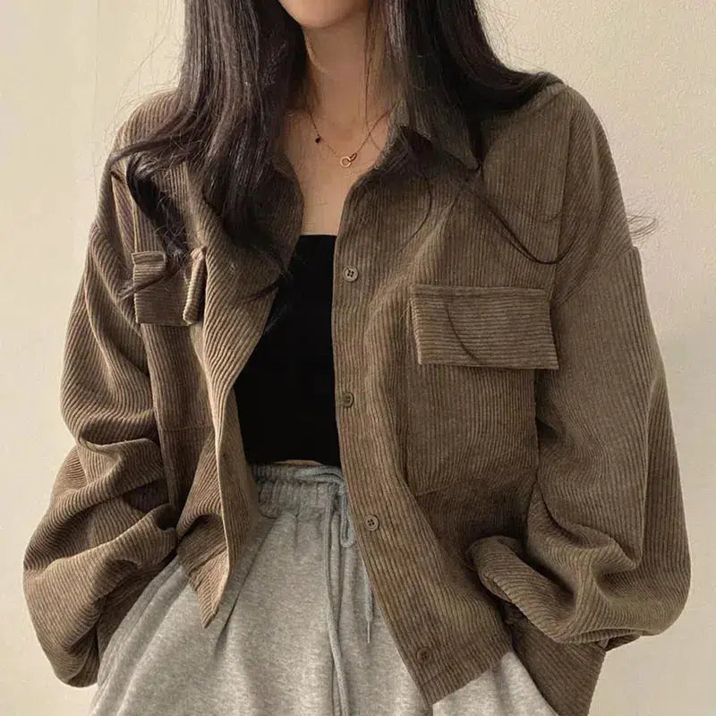 Y2K Aesthetic Cropped Corduroy Jacket - Vintage Grunge Style for Cute Outfits
