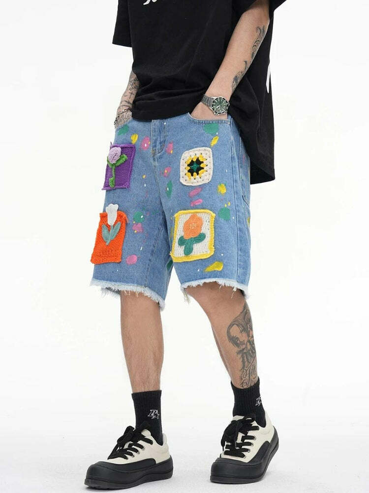 Y2K Aesthetic Knitted Flower Patch Denim Shorts - Cute Grunge Style for Trendy Outfits