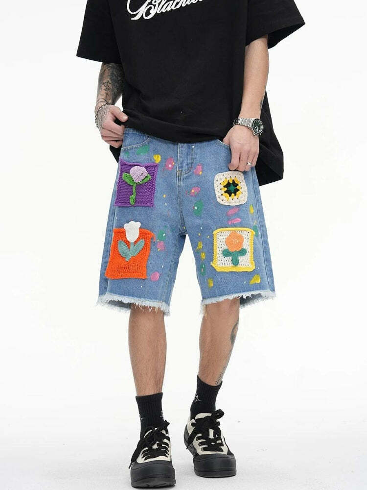 Y2K Aesthetic Knitted Flower Patch Denim Shorts - Cute Grunge Style for Trendy Outfits