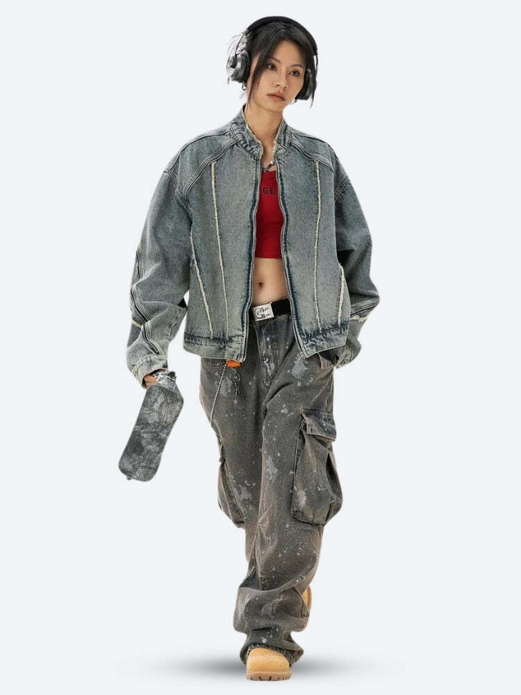 Y2K Cyberpunk Denim Jacket - Grunge Aesthetic Zip-Up for Trendy Outfits & Comfy Style