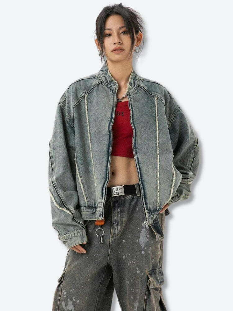 Y2K Cyberpunk Denim Jacket - Grunge Aesthetic Zip-Up for Trendy Outfits & Comfy Style
