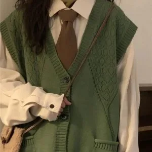 Y2K Deep V-Neck Sleeveless Cardigan - Vintage Aesthetic for Grunge & Coquette Styles