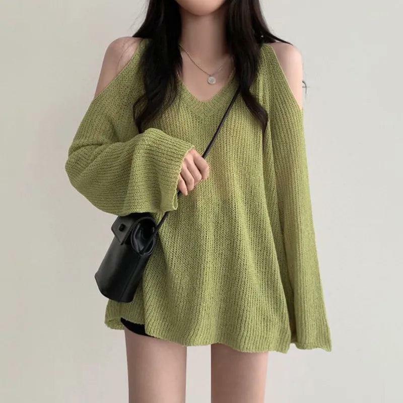 Y2K Fashion Cut-Out Shoulder Loose Knit Sweater - Grunge Aesthetic Comfy Top for Fall