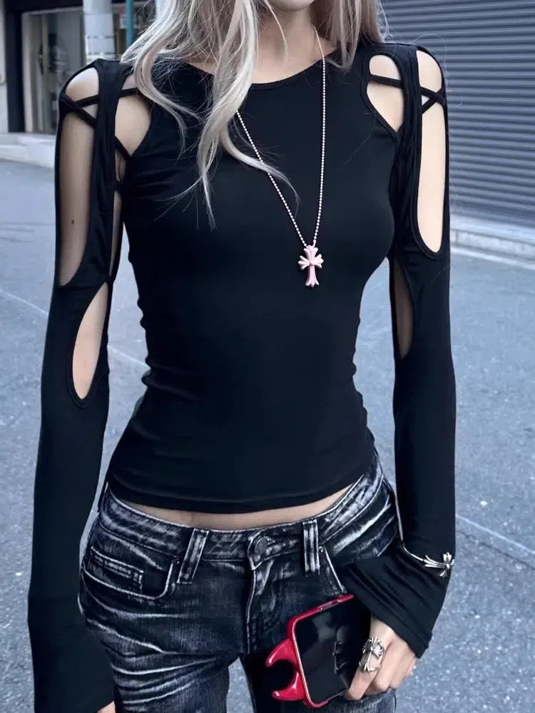 Y2K Fashion Cyberpunk Cut Out Top - Grunge Aesthetic, Cute Crop Top for Edgy Style
