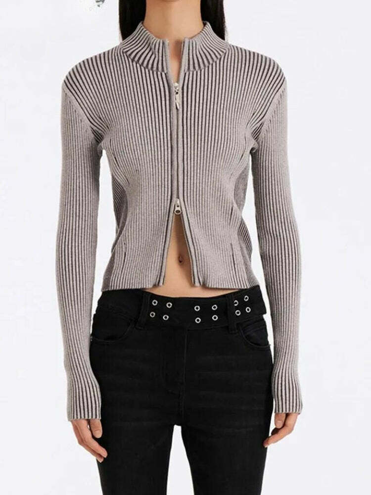 Y2K Fashion Double Zip-Up Distressed Corduroy Cardigan - Grunge Aesthetic Comfy Layer