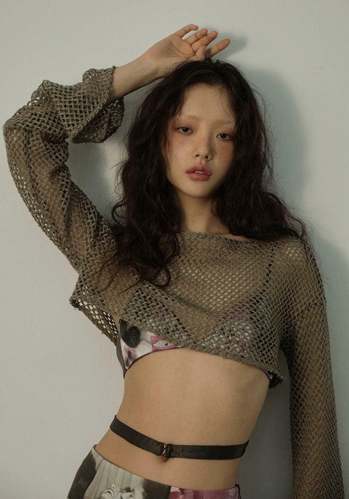 Y2K Fashion Fishnet Crop Shrug Sweater - Grunge Aesthetic Cute Top for Comfy Layering