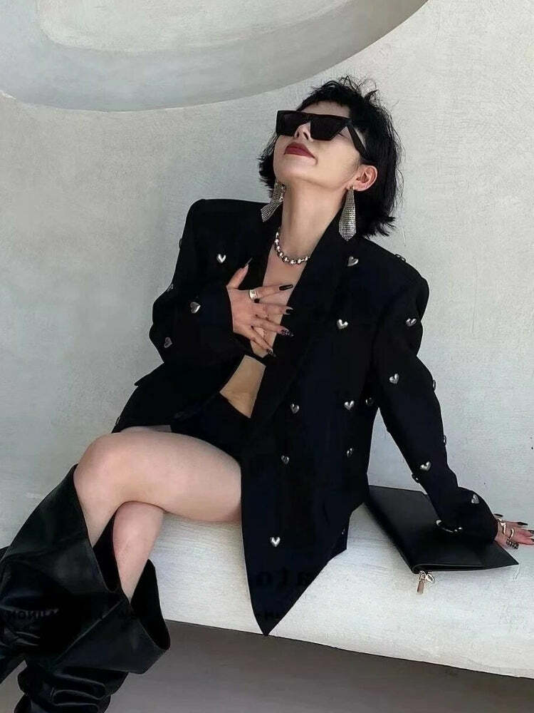 Y2K Fashion Silver Hearts Blazer - Cute Grunge Aesthetic Outerwear for Stylish Looks