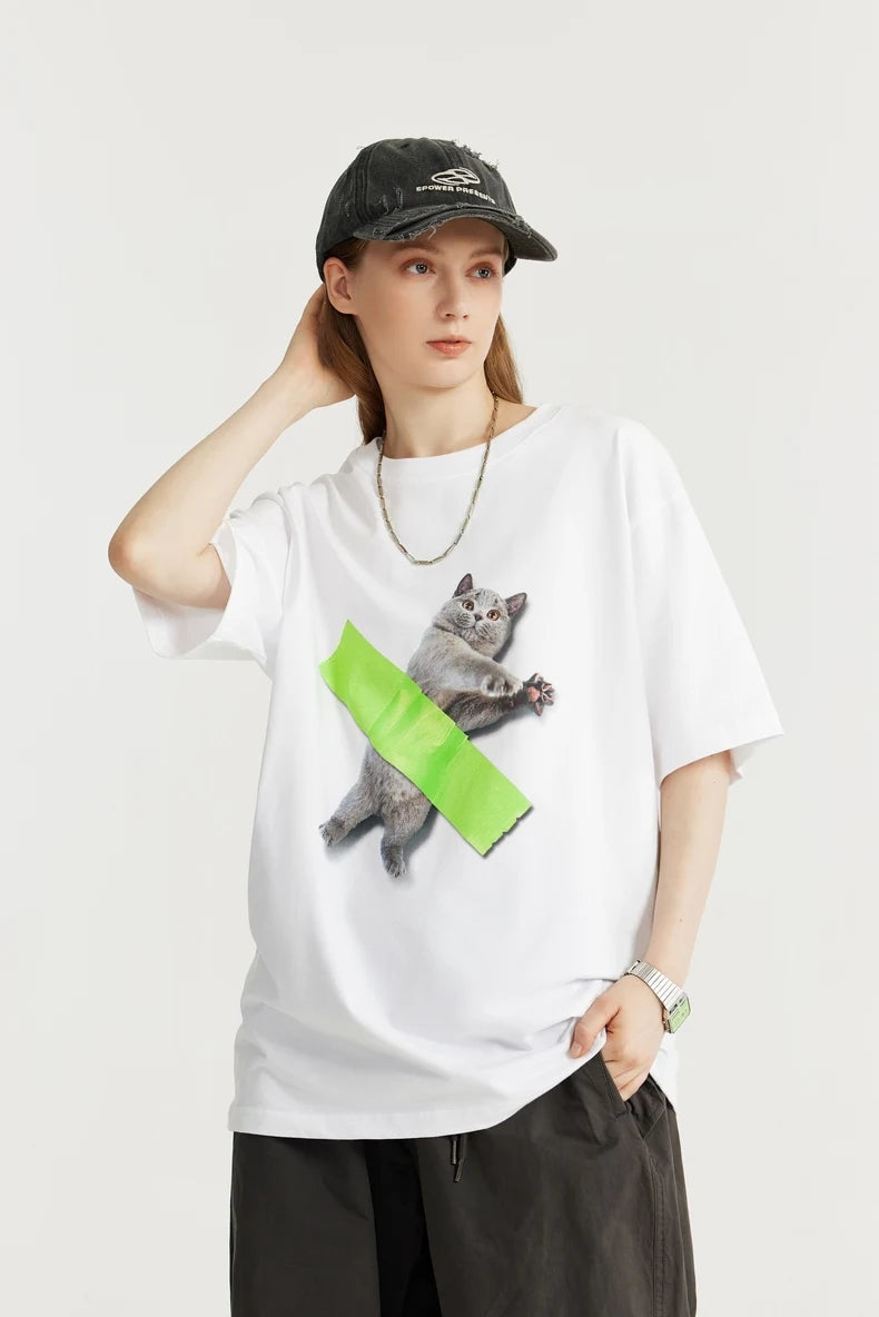 Y2K Grunge Aesthetic Cat Art Tee - Cute Tops for Coquette Style & Vintage Vibes
