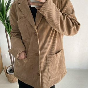 Y2K Grunge Aesthetic Corduroy Long Jacket - Vintage Style for Cozy Fall Outfits