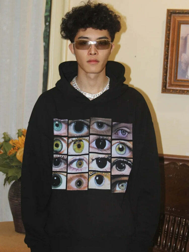 Y2K Grunge Eyes Hoodie - Cute Pastel Goth Aesthetic with Comfy Style for Everyday Wear