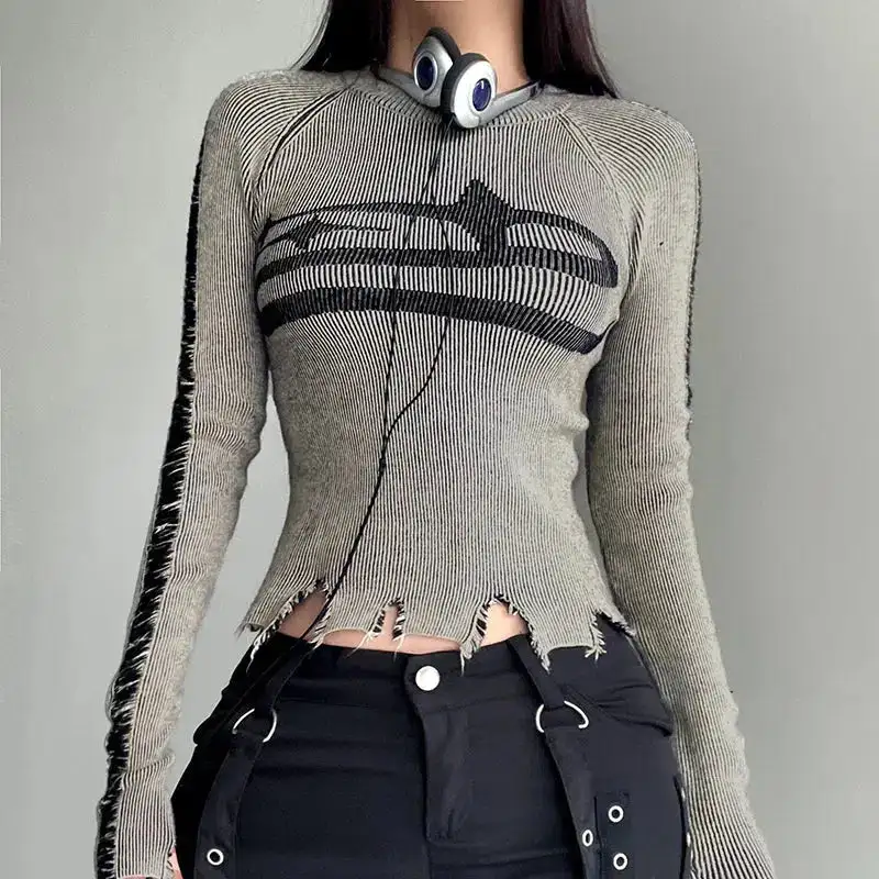 Y2K Grunge Long Sleeve Distressed Top - Vintage Aesthetic Cute Hoodie for Retro Style