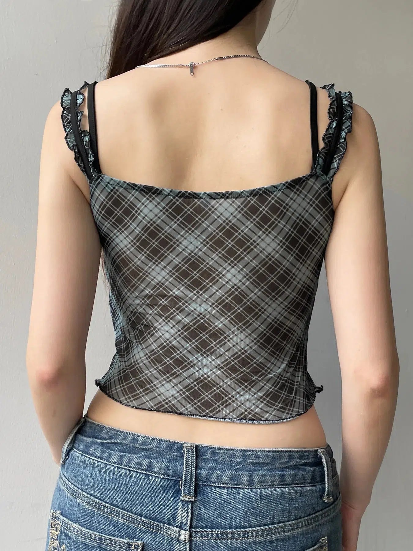 Y2K Grunge Plaid Lace Trim Top - Cute Aesthetic Shirt for Coquette & Soft Girl Styles