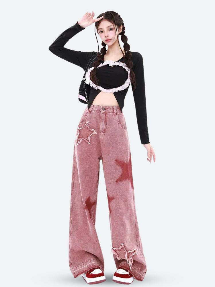 Y2K Star Denim Jeans - Vintage Grunge Aesthetic with Cute Cargo Style and Retro Vibes