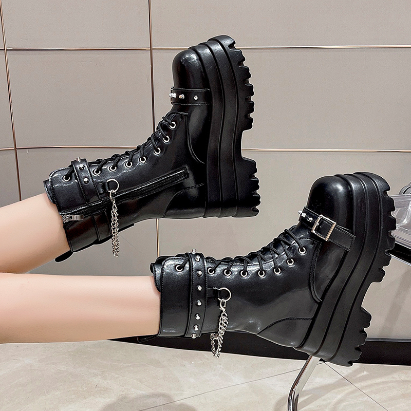 12cm Height-Increasing Thick-Soled Mid-Calf Boots for Women - Fashionable British Style Short Boots for Autumn Winter 2024