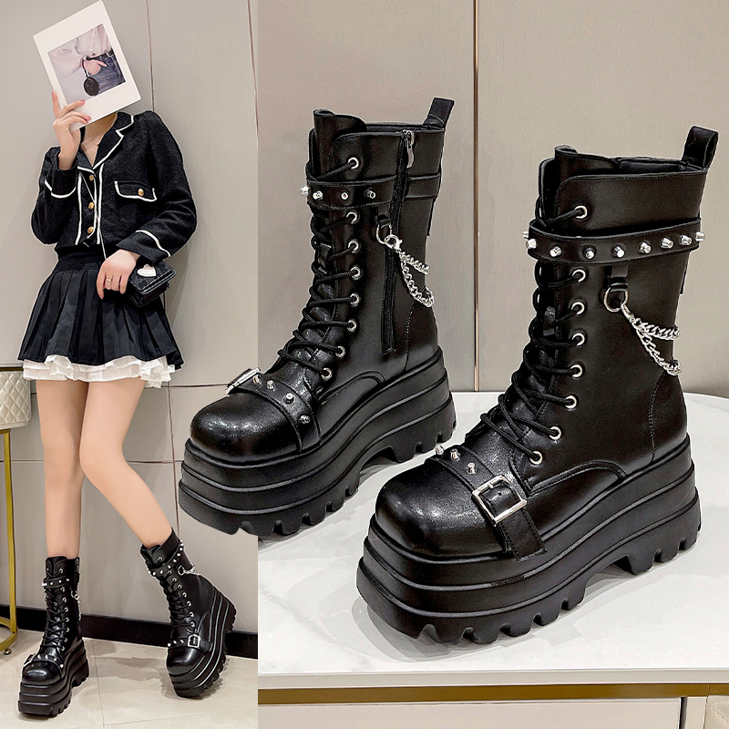 12cm Height-Increasing Thick-Soled Mid-Calf Boots for Women - Fashionable British Style Short Boots for Autumn Winter 2024