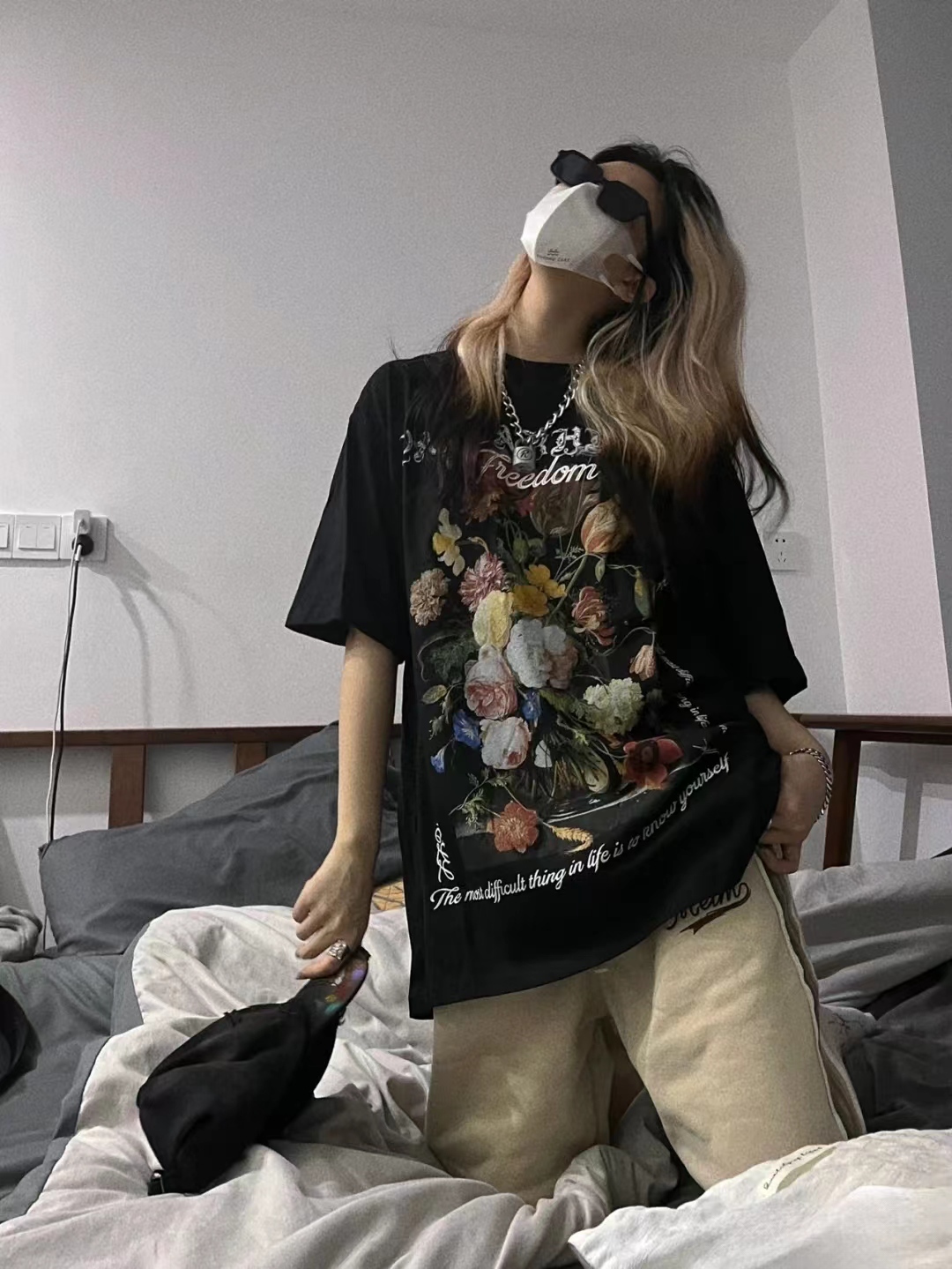 2023 Summer American Vintage Floral Print Short Sleeve T-Shirt Loose Fit High Street Style for Couples