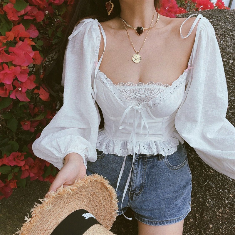 2024 Spring-Summer White Cotton-Linen Blouse with Lace Trim, Vintage Lantern Sleeves, French Style Vacation Top