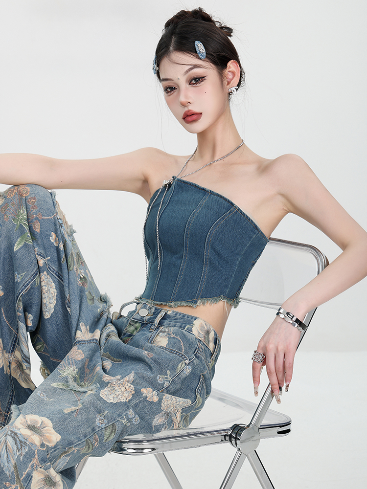 2024 Summer American Style Spicy Girl Halter Denim Bustier Top Women's Designer Short Vest - Trendy Y2K Fashion