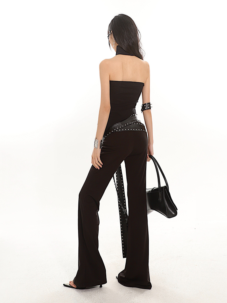 2024 Summer Heavyweight Spicy Girl Studded Waist Elastic Flare Casual Pants - Black Long Pants for Trendy Y2K Style