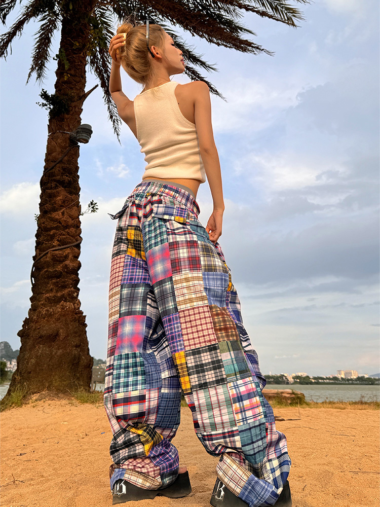 2025 American Retro Colorful Patchwork Plaid Wide-Leg Pants Unisex Versatile Floor-Length Trousers Y2K Style