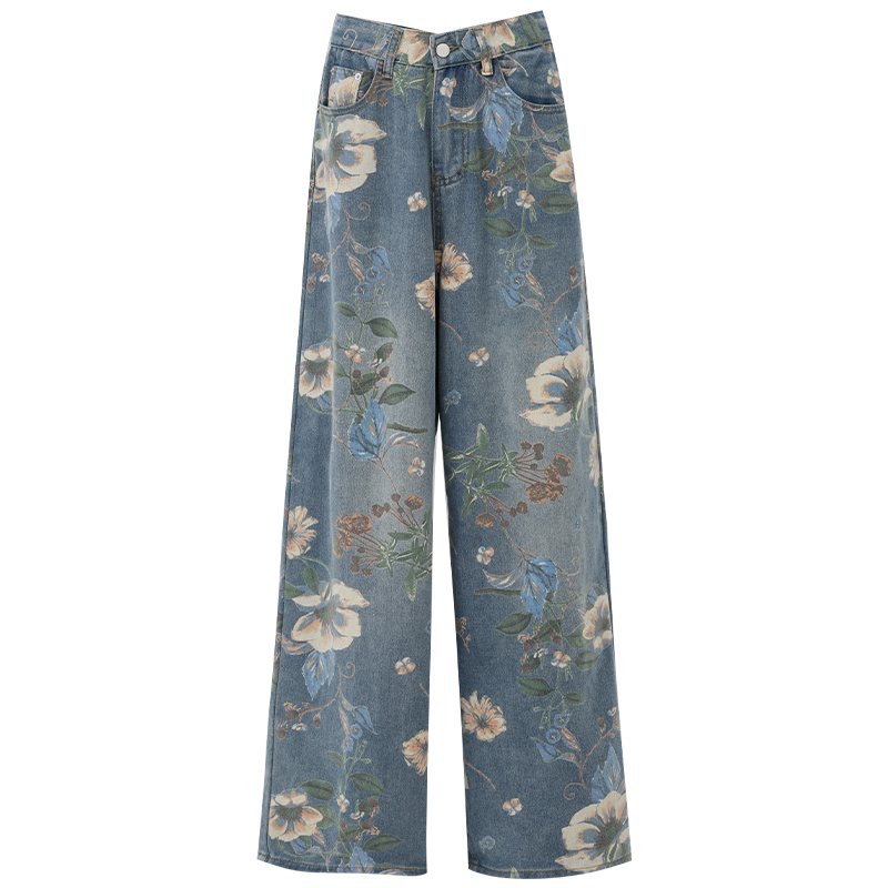 2025 American Vintage Printed Wide-Leg Jeans for Women, Niche Design Straight-Leg Floor-Length Pants, Y2K Fashion