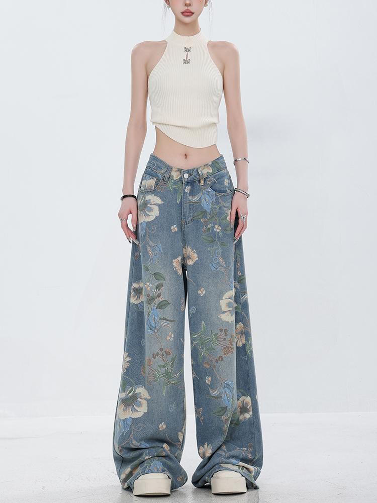 2025 American Vintage Printed Wide-Leg Jeans for Women, Niche Design Straight-Leg Floor-Length Pants, Y2K Fashion