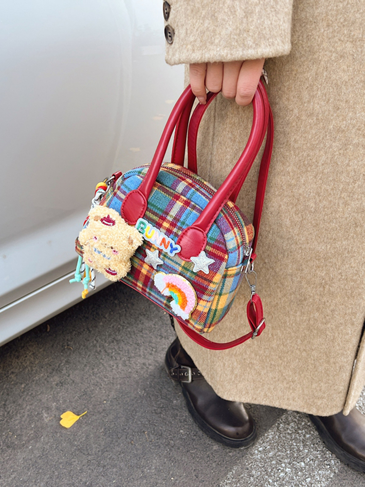 2025 Cute Cartoon Handbag for Women - Spring Summer Plaid Fabric Shell Bag, Casual Shoulder Crossbody Bag