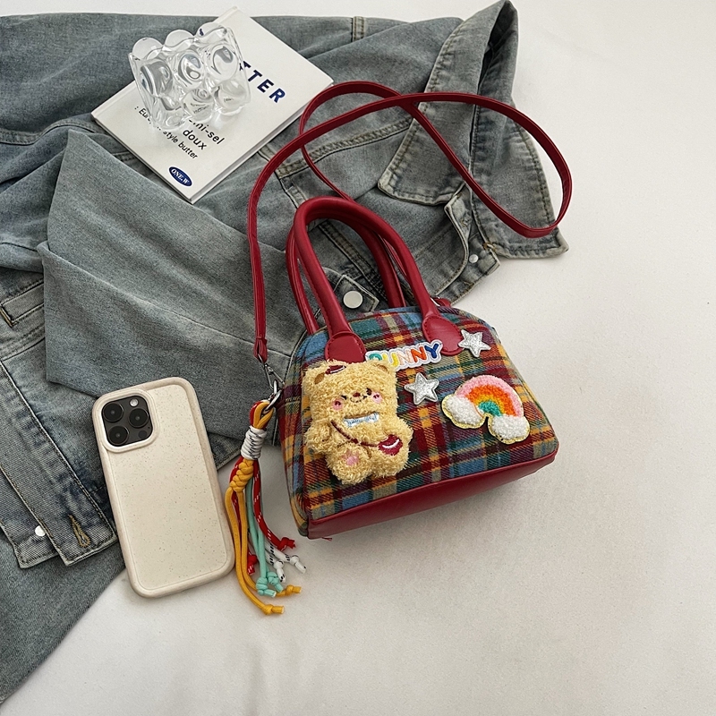 2025 Cute Cartoon Handbag for Women - Spring Summer Plaid Fabric Shell Bag, Casual Shoulder Crossbody Bag