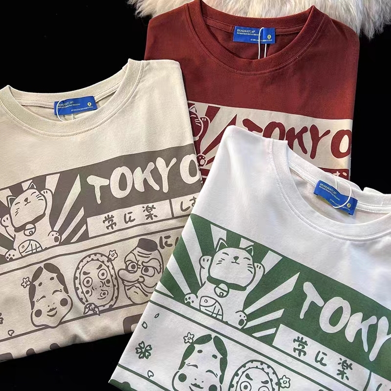2025 Japanese-Style Loose Cartoon Print Red Short Sleeve T-Shirt for Couples - Trendy Y2K Aesthetic