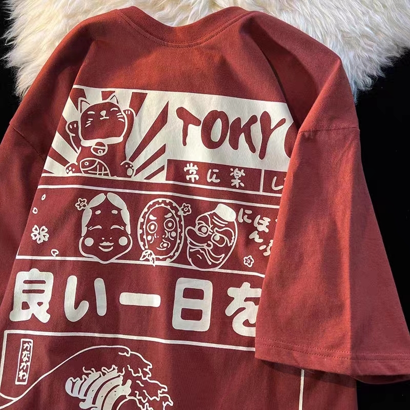 2025 Japanese-Style Loose Cartoon Print Red Short Sleeve T-Shirt for Couples - Trendy Y2K Aesthetic