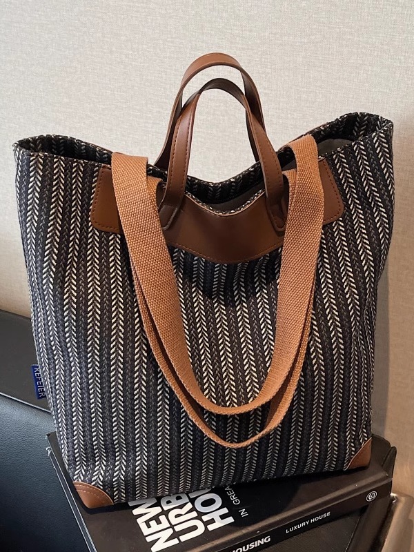 2025 Large Capacity Striped Canvas Tote Bag for Women - Versatile Handheld & Shoulder Bag for Class and Commuting