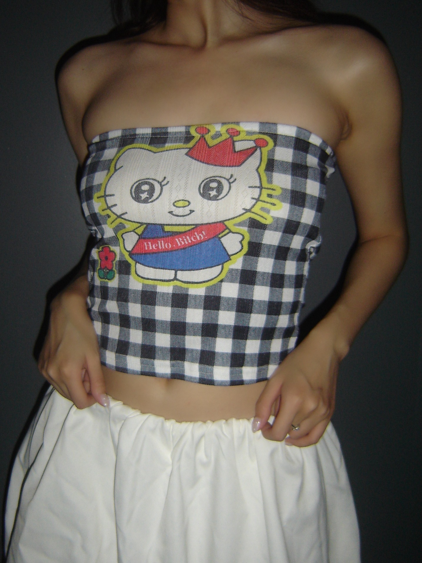 2025 New American Vintage Kitty Cat Print Color Block Strapless Top for Women - Cute Cartoon Plaid Style