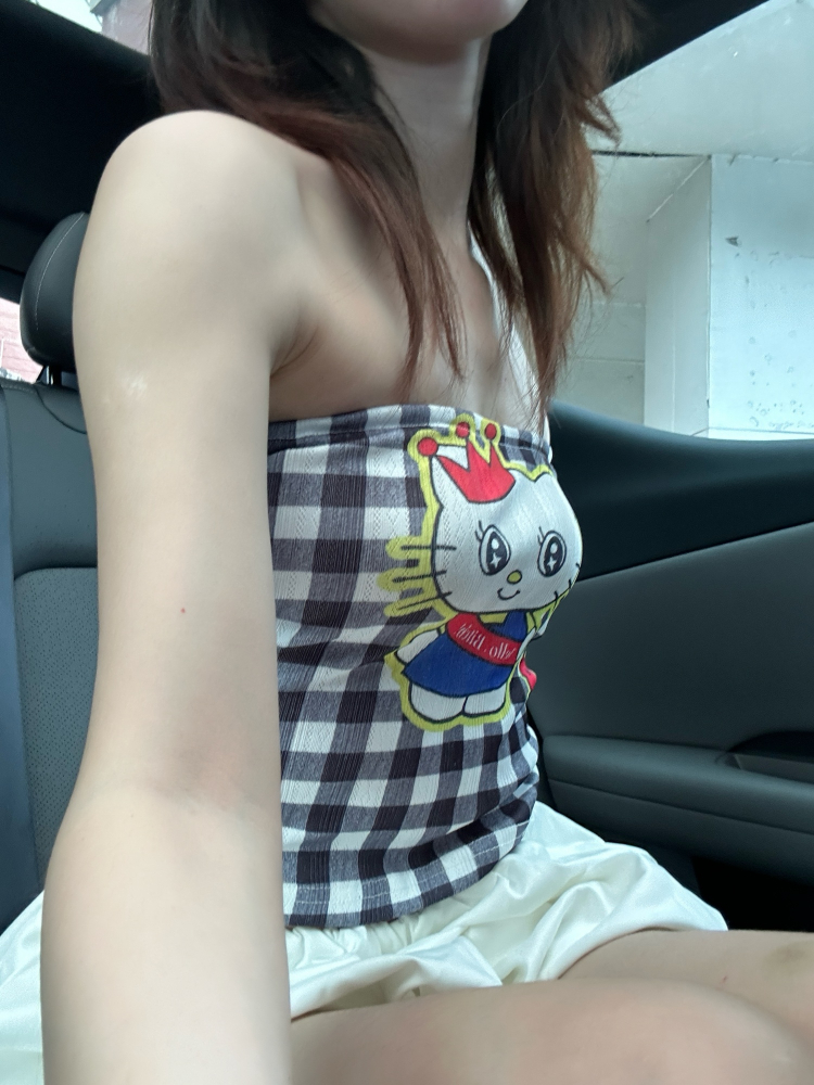 2025 New American Vintage Kitty Cat Print Color Block Strapless Top for Women - Cute Cartoon Plaid Style