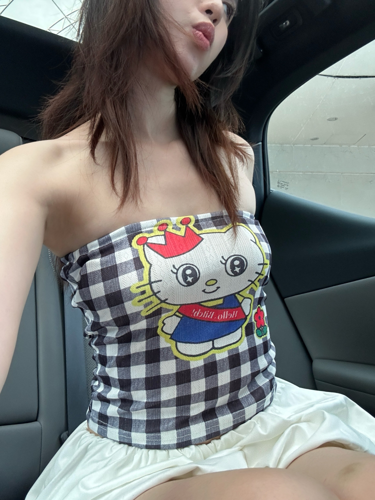 2025 New American Vintage Kitty Cat Print Color Block Strapless Top for Women - Cute Cartoon Plaid Style