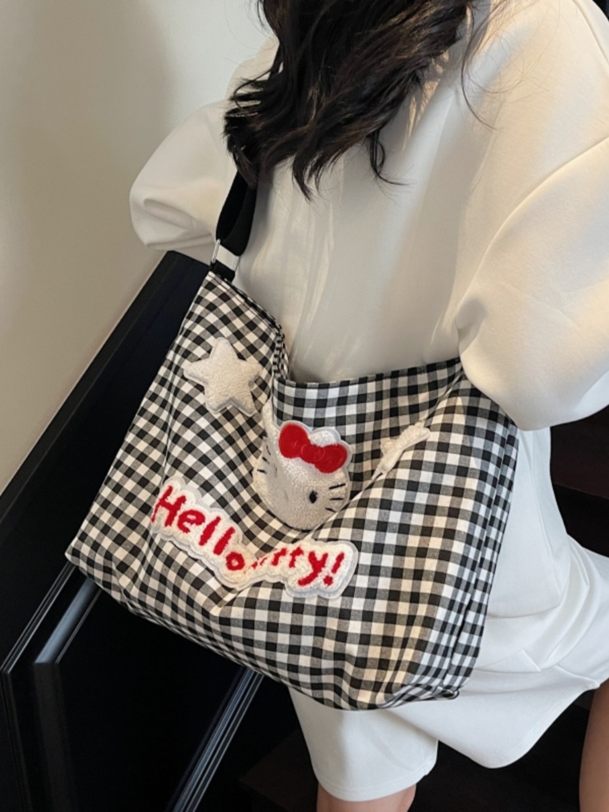 2025 New Cartoon Plaid Canvas Crossbody Bag for Women - Large Capacity Shoulder Tote for Spring and Summer