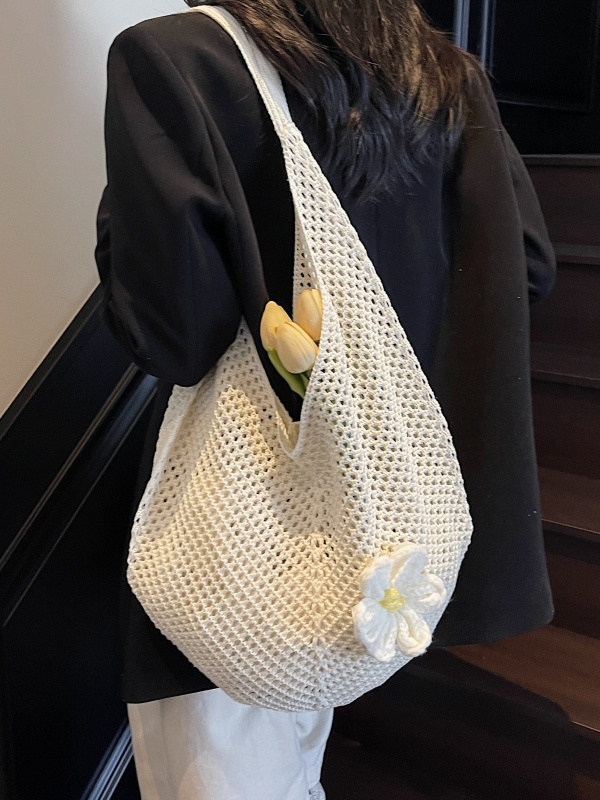 2025 New Style Women's Cotton Yarn Woven Knitted Hollow Shoulder Tote Bag - Lazy Beach Vacation Bag