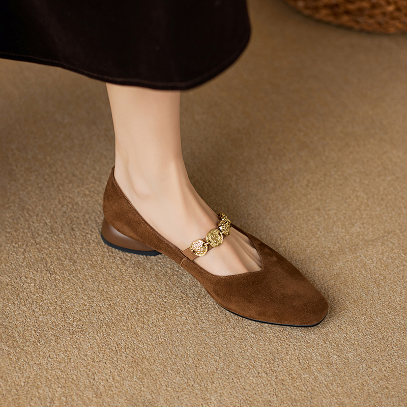 2025 New Women's Genuine Leather Square Toe Mary Jane Flats with Coin Chain - Comfortable Low Heel Versatile Shoes
