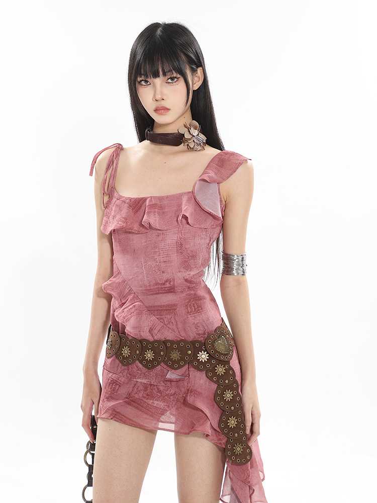 2025 Spring Ruffle Strap Dress for Women - Printed Hot Girl Style, Trendy Vietnam Design, Perfect for Y2K and Niche Fashion