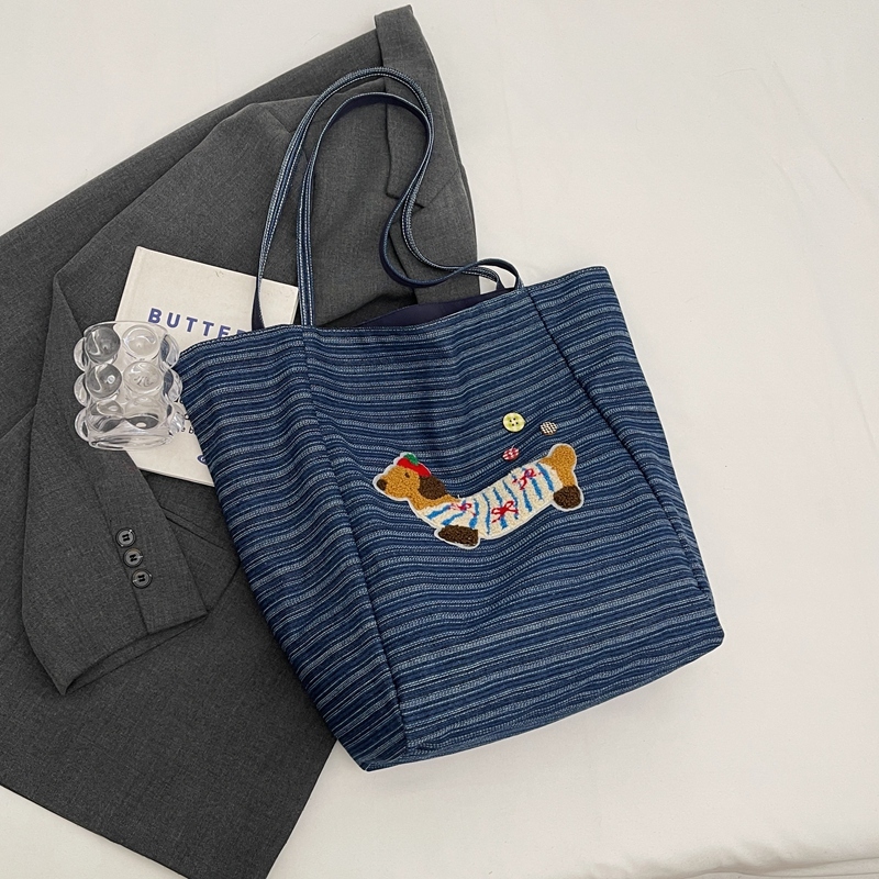 2025 Spring Summer Striped Canvas Shoulder Tote Bag - Cute Large Capacity Casual Commuting Bag for Women