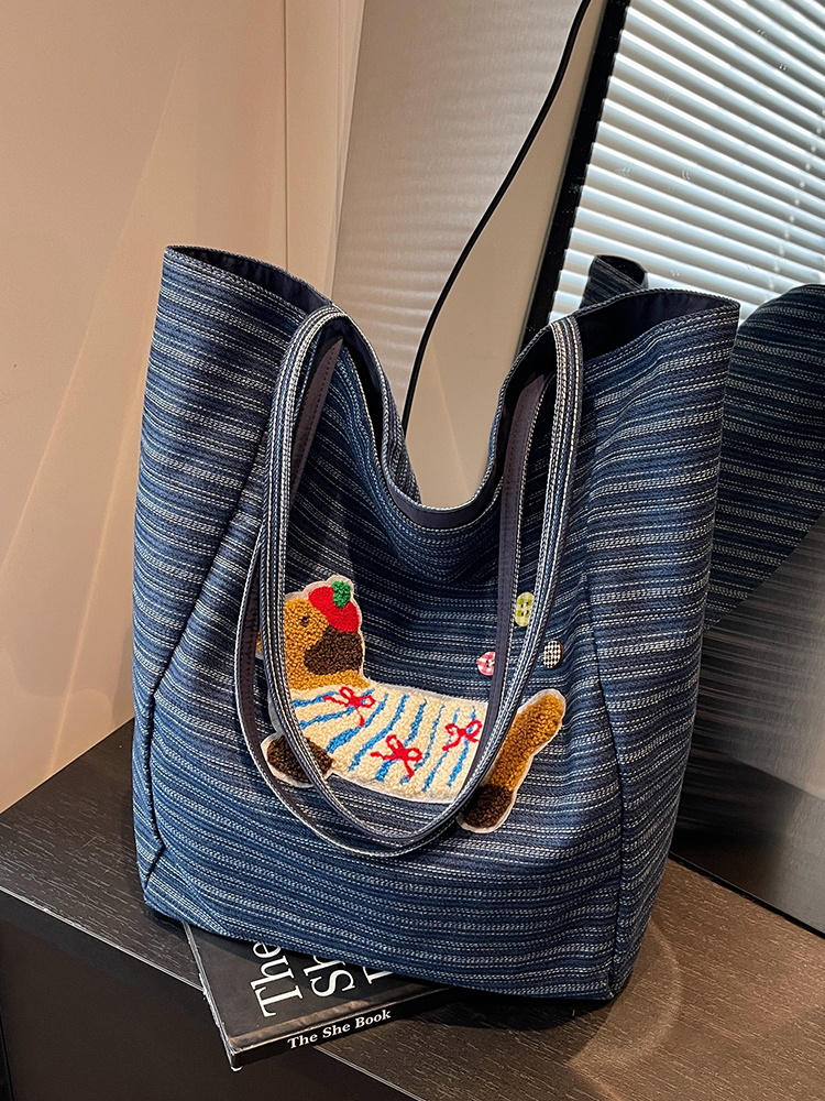 2025 Spring Summer Striped Canvas Shoulder Tote Bag - Cute Large Capacity Casual Commuting Bag for Women