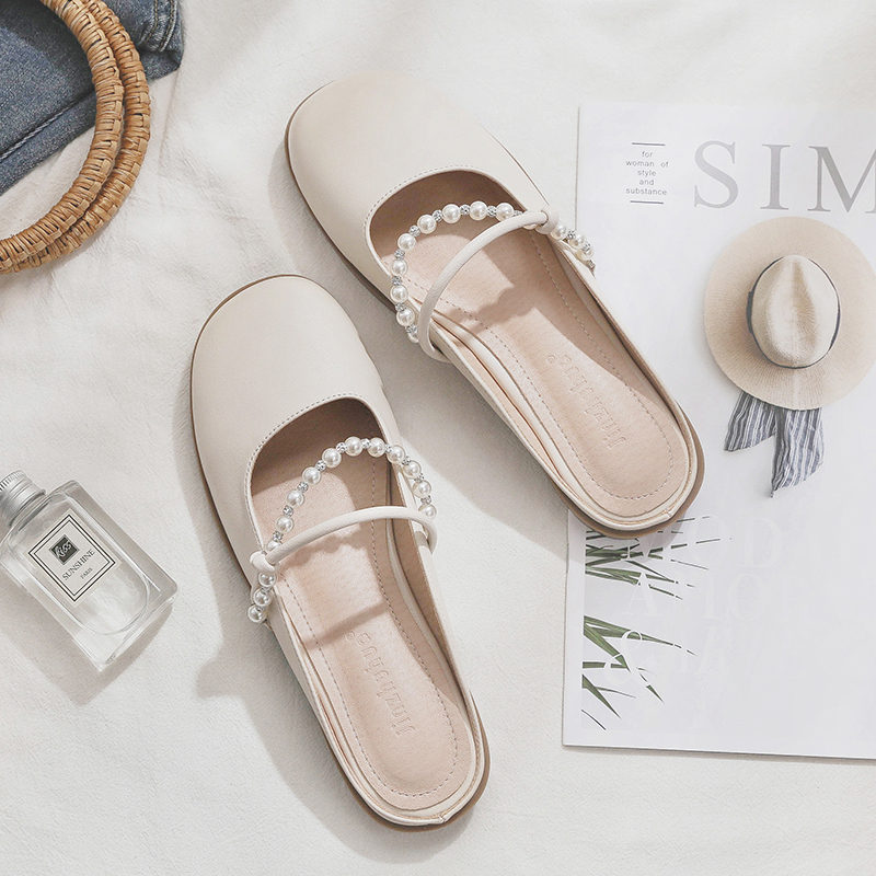 2025 Spring/Summer Sheepskin Evening Shoes for Women - Fairy Style Flat Lazy Half Slippers for Outdoor Wear