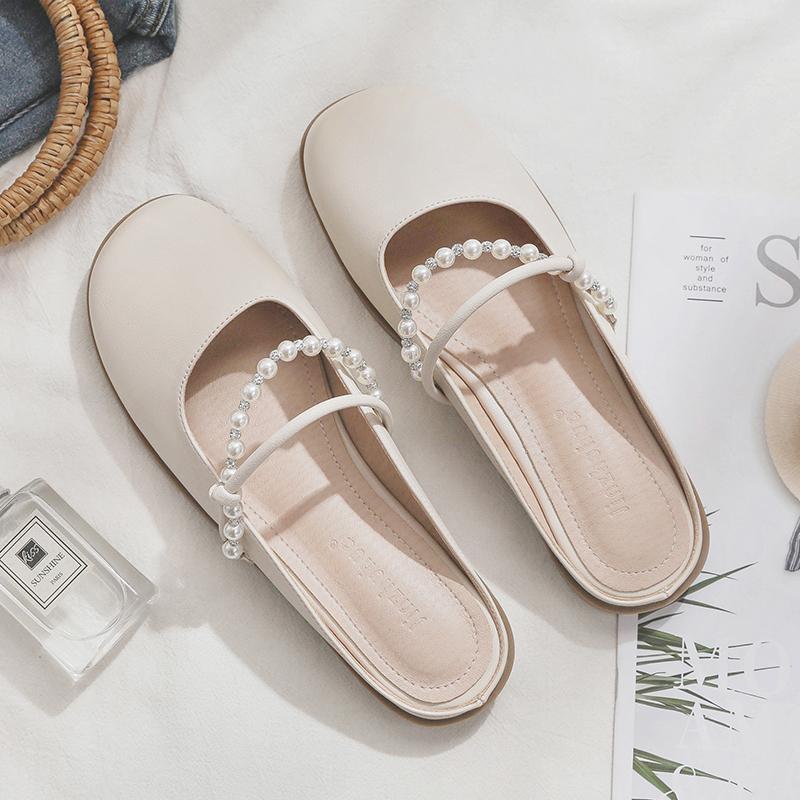 2025 Spring/Summer Sheepskin Evening Shoes for Women - Fairy Style Flat Lazy Half Slippers for Outdoor Wear