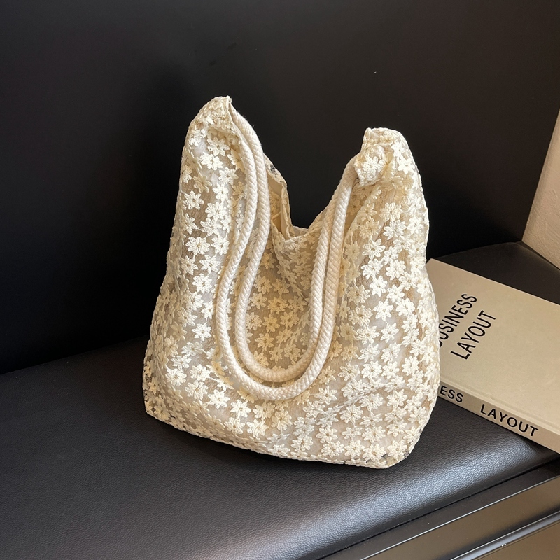 2025 Summer Floral Lace Hollow Small Round Fabric Tote Bag for Women - Large Capacity Commuting Shoulder Bag