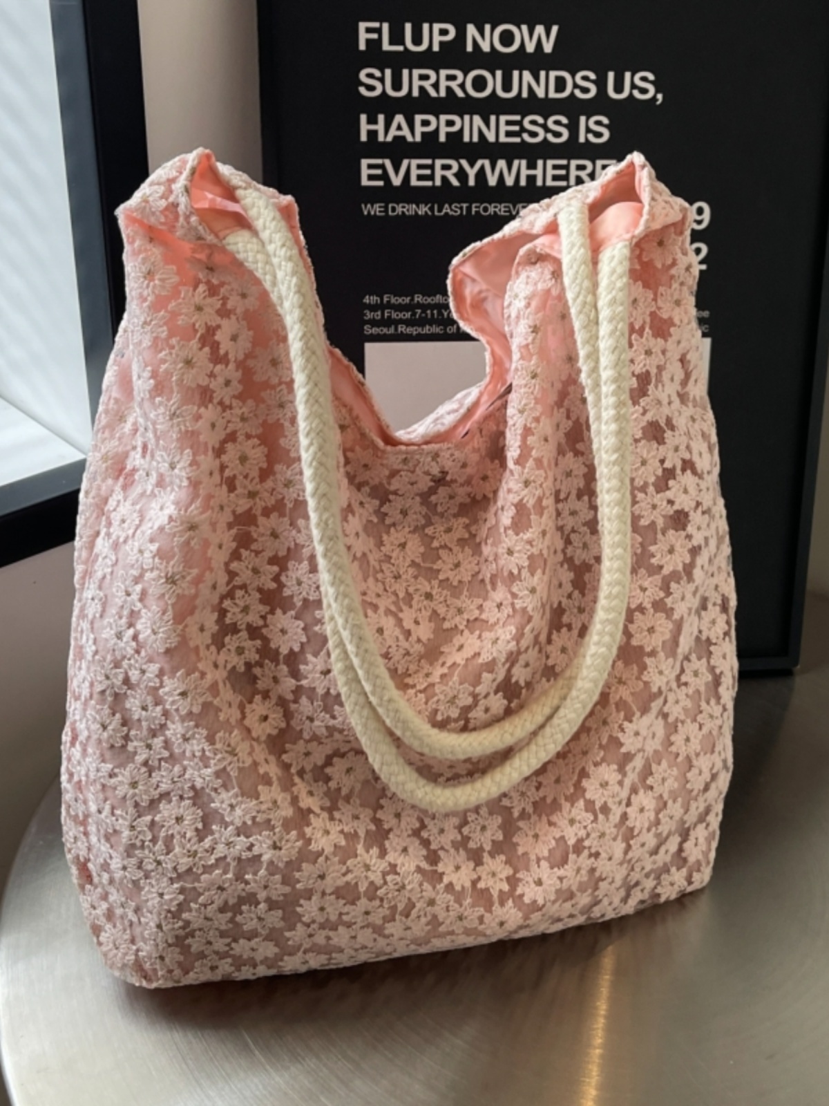 2025 Summer Floral Lace Hollow Small Round Fabric Tote Bag for Women - Large Capacity Commuting Shoulder Bag